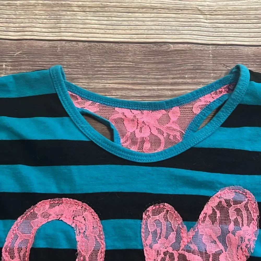 One Step Ahead Girls 10/12 OMG Lace Graphic Tee Teal Stripe 3/4 Sleeve Top